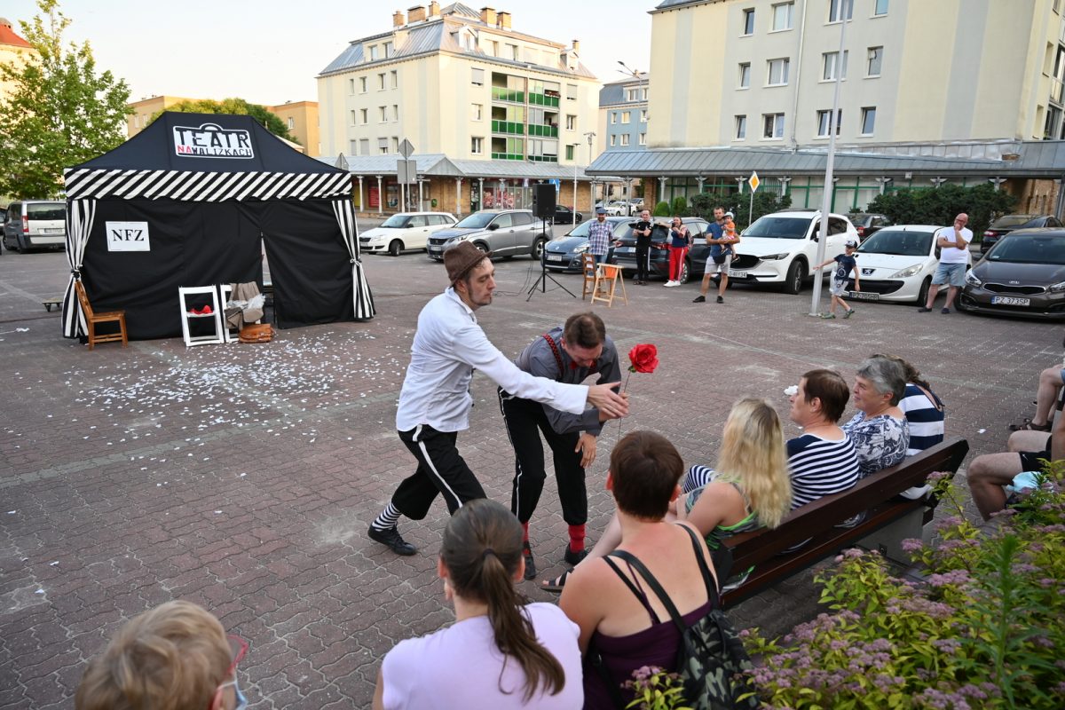 Aktor wręcza kwiat kobiecie z publiczności