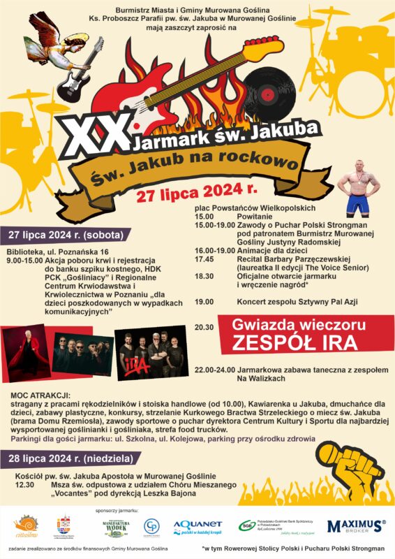 Banerek informacyjny z motywem graficznym aniołka z gitarą i logo jarmarku z płomieniami płytą winylową i gitarą o treści: Burmistrz Miasta i Gminy Murowana Goślina Ks. Proboszcz Parafii pw. św. Jakuba Apostoła w Murowanej Goślinie mają zaszczyt zaprosić na xx jarmark św. jakuba pt. „św. jakub na rockowo” 27 lipca 2024 r.