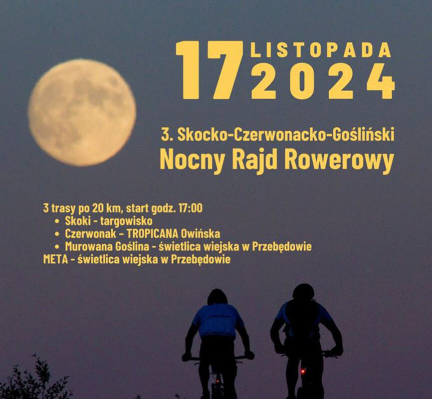 Banner informujący o wydarzeniu 17 listopada 2024 3. Skocko-Czerwocnko-Gośliński-Nocny Rajd Rowerowy.