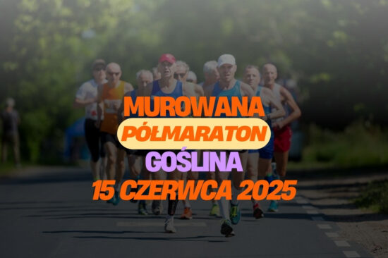 Plakat informacyjny z grafiką przedstawiającą start jednej z poprzednich edycji biegu o treści: Murowana Goślina Półmaraton, 15.06.2025r. (niedziela) start godz. 10:00 na ul. Kolejowej - w pobliżu Dworca kolejowego. Dystanse: 21,097km. Trasa posiada atest PZLA. Szczegóły na FB: Murowana Goślina Półmaraton.