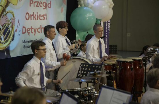 Kilku muzyków orkiestry dętej grających na instrumentach perkusyjnych