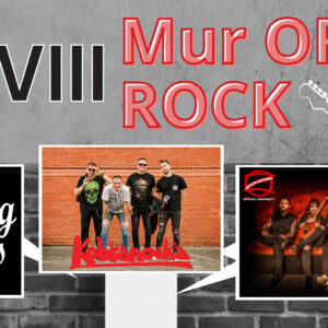 Plakat informacyjny z motywem graficznym szarych cegieł z białymi błyskawicami o treści: XVIII Mur off Rock. 15.11.2025 r. Godz.18.00. Hala Centrum Kultury i Sportu ul. Mściszewska 10. Wystąpią; Flying Heads Kobranocka Oddział Zamknięty Bilety 70 zł w przedsprzedaży, 90 zł w dniu koncertu do nabycia: Centrum Kultury i Sportu ul. Mściszewska 10 w godz. 8.00 – 20.00. Klub Osiedlowy Nowy Rynek 8 w godz. 8.00 – 20.00.