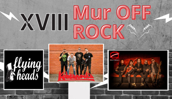Plakat informacyjny z motywem graficznym szarych cegieł z białymi błyskawicami o treści: XVIII Mur off Rock. 15.11.2025 r. Godz.18.00. Hala Centrum Kultury i Sportu ul. Mściszewska 10. Wystąpią; Flying Heads Kobranocka Oddział Zamknięty Bilety 70 zł w przedsprzedaży, 90 zł w dniu koncertu do nabycia: Centrum Kultury i Sportu ul. Mściszewska 10 w godz. 8.00 – 20.00. Klub Osiedlowy Nowy Rynek 8 w godz. 8.00 – 20.00.
