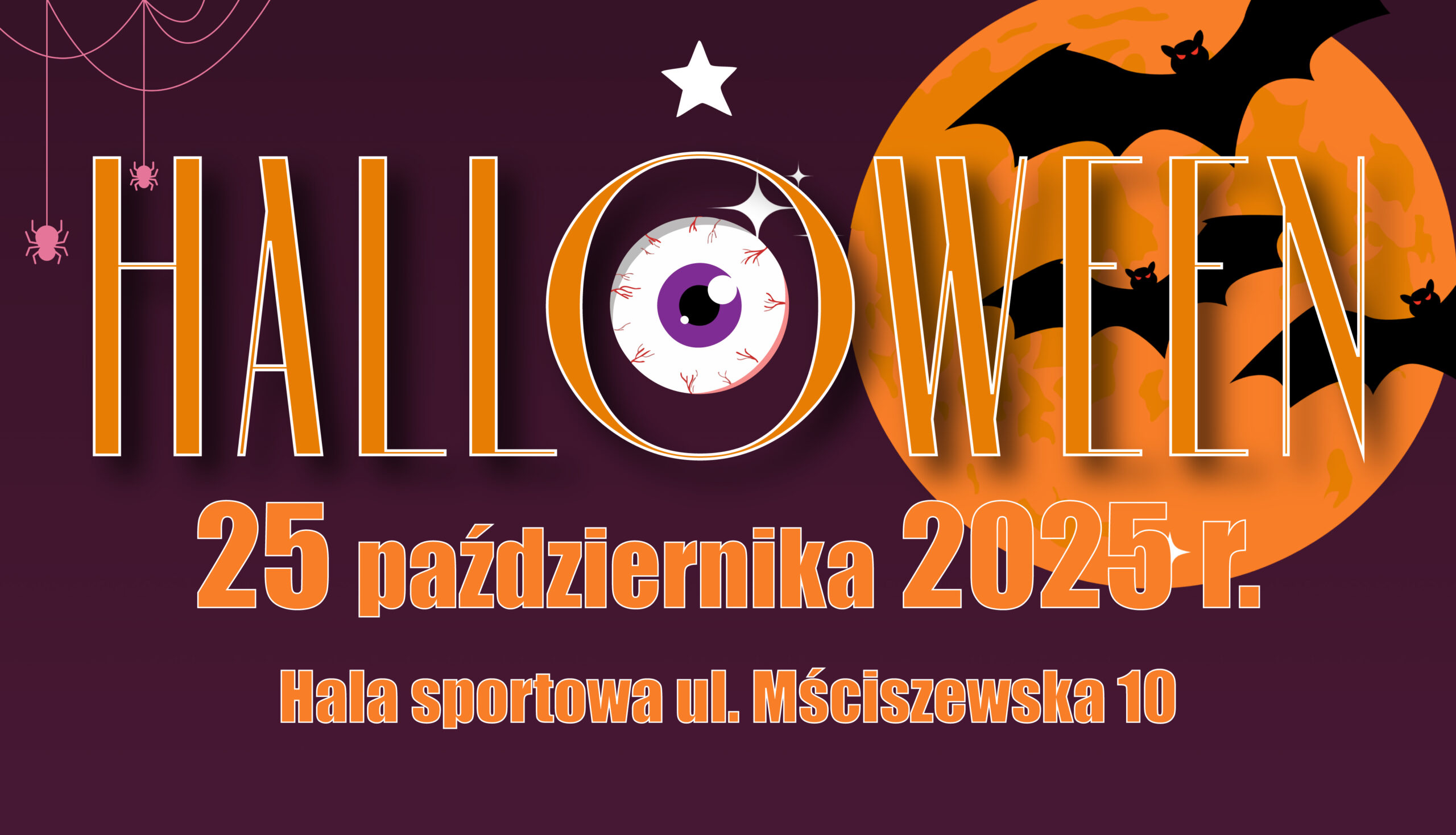 anerek informujący o imprezie Helloween o treści: Halloween 25 października 2025 r. godz. Hala sportowa ul. Mściszewska 10. Zapraszamy od 16.00 do 20.00 Szczegóły na ckis.murowana-goslina.pl