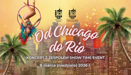 Plakat z tekstem na tle miasta symbolizującego wielkie miasto z tekstem: KONCERT Z ZESPOŁEM SHOW TIME EVENT 8 marca (niedziela) 2026 r.