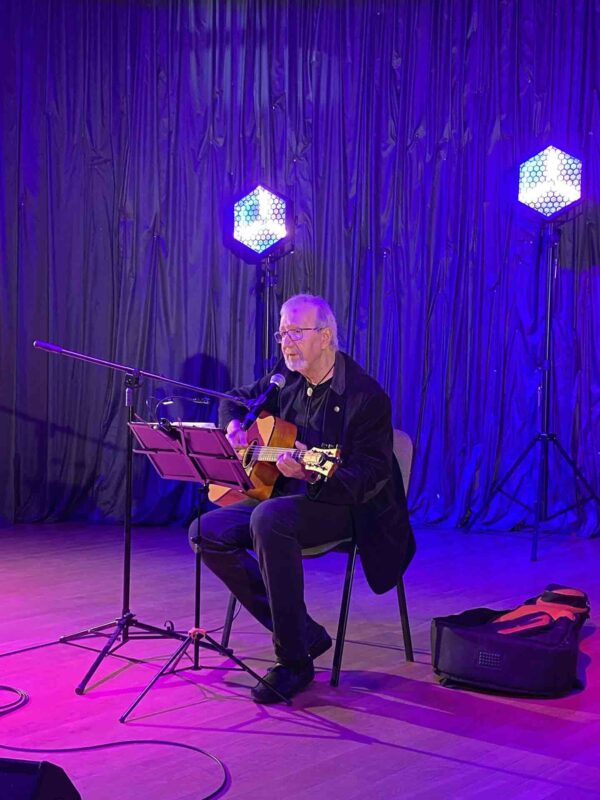 Artysta z gitarą występujący na scenie
